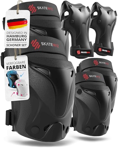 SKATEWIZ Knieschoner Kinder - Schoner Inliner Kinder - Knieschützer - Schützer Inliner Schoner Set - Protektoren Knie und Ellenbogenschützer - Protect-1 Schwarz Größe S - Skateboard, Inline Skates