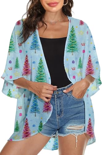 Women Merry Christmas Costume Xmas Tree Puff Sleeve Kimono Santa Hat Cardigan Snowman Snowflakes Cover Up Ugly Reindeer Blouse Tops