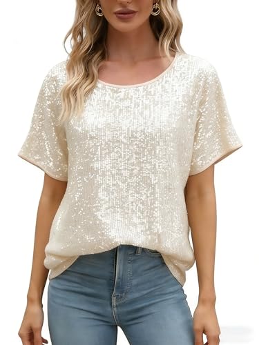 Women Sparkly Sequin Top Short Sleeve Glitter Disco Party Tee Shirts Tunic Blouse(Apricot,S)