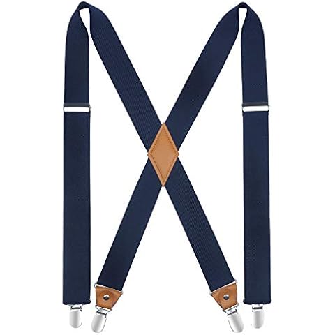 HISDERN Braces for Men Trousers with Very Strong 4 Clips Heavy Duty Suspenders X Style Navy Blue Adjustable Suspender Cover