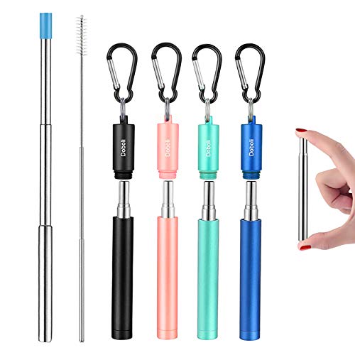 Reusable Metal Straws Collapsible Stainless Steel Drinking Straw Portable Telescopic Straw with Case Black Rose Gold Turquoise Blue 4 Pack