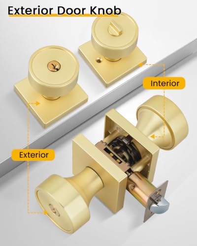 Image of Goldenwarm Gold Entry Door Knob with Lock and Key, Zinc Alloy Keyed Alike Exterior Door Knobs for Front Door, 2 Pack
