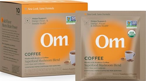 OM MUSHROOM SUPERFOOD Instant Coffe – Organic Arabica with Lion’s Mane, Cordyceps, Reishi, Turkey Tail – Supports Energy, Focus & Mental Clarity – Single Serve Pack (10 Count)