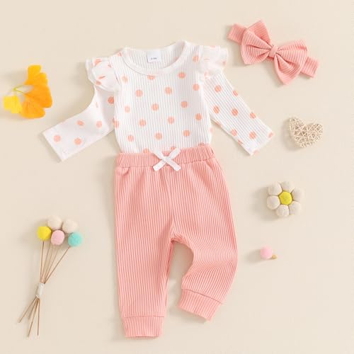 Infant Baby Girls Fall Winter Clothes Knit Long Sleeve Polka Dots Printed Romper Pants Set 3PCS Newborn Outfits 7