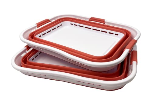 Image of SAMMART Set of 2 Collapsible Plastic Storage Basket - Foldable Pop Up Storage Container - Portable Laundry Organizer - Space Saving Hamper (White /Blush Red, 42L (Style A))
