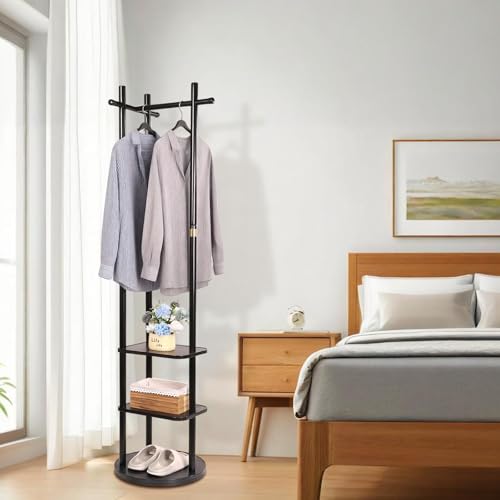 Fengzhizhu Rotary Coat Rack Freestanding Wood Clothing Rack with 3 Storage Shelves and 5 Hooks Heavy-Duty Coat Tree for Corner Entryways Living Rooms and Bedrooms, Black