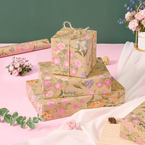 WERNNSAI Blumen Geschenkpapier – 1 Rolle Blume Geschenk Papier Geburtstage Deko Mädchen Kinder Kraft Blumen Geschenkverpackung Geburtstagsparty Frühling Dekoration 43 cm x 10 m