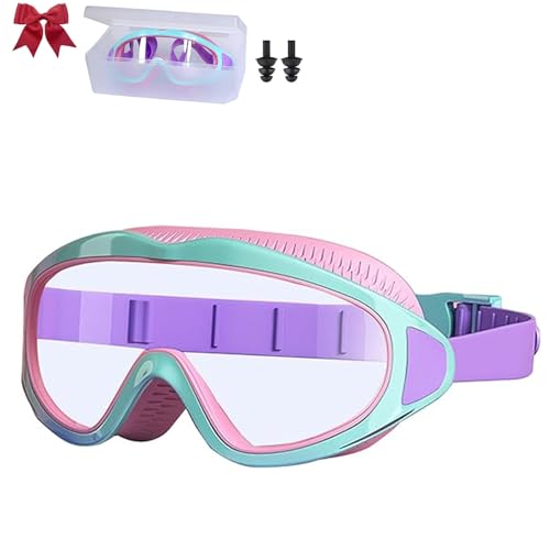 WXDTW HD - Gafas de natación para niños, con montura grande, impermeables y antivaho, lentes grandes, visión amplia, inastillables (verde morado)