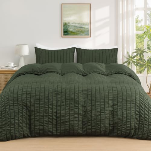 Image of Duvetnova Olive Green Seersucker Super King Size Duvet Cover Sets OEKO-TEX Soft Breathable Microfiber Bedding Set with Zipper Closure All Season 260 × 220 cm with 2 Pillow Cases