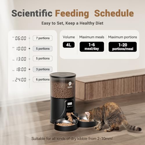 Automatic Cat Feeder for 2 Cats - 16 Cups/4L Timed Auto Pet Feeder with Portion Control (1-6 Meals), Dual Power& Easy to Clean for Indoor Cats & Small Dogs - Image 3