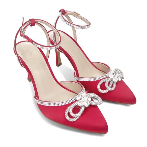 Rhinestone Bow Heels for Women, Slingback Kitten Heels Pumps Stilettos Satin, Closed Pointed Toe Ankle Strap Kitten Heel Sandals Formal Shoes for Wedding Bridal Party Evening Prom Dress Shoes3