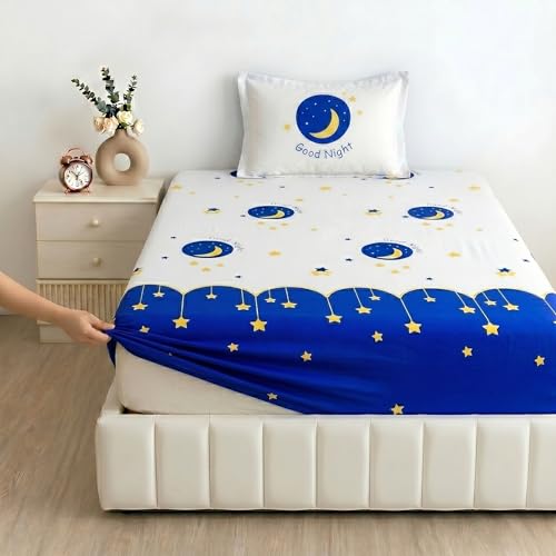 Image of Filymore Good Night Design Elastic Fitted bedsheet for Kids Room Single Bed 240 TC Soft Microfiber 1 bedsheet and 1 Pillow Cover (Size 72x36 inches) fit up to 6 inches Mattress(White)