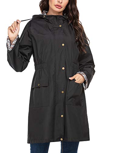 Soteer Rain Jackets Women Lightweight Raincoat Floral Lined Waterproof Windbreaker Active Outdoor Hooded Trench Coats (Black, Xl) #TOP3