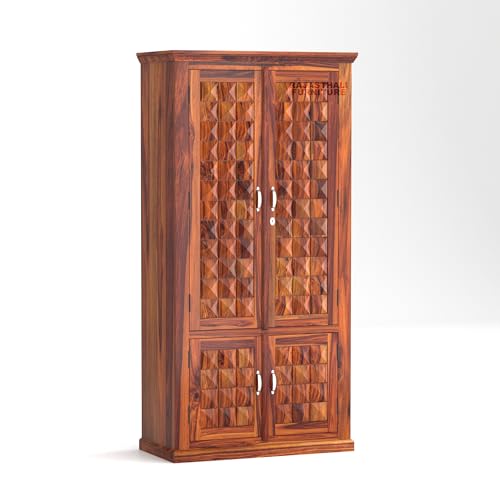 Image of Diamond Solid Sheesham Wood Wardrobe for Bedroom Modular Wooden Wardrobe Space Saving with 2 Door & 2 Drawer /Storage Rack Clothes Almirah Cupboard for Bedroom (Honey Finish)