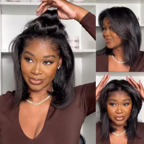 Image of Beauty Forever No Slip Glueless Yaki Straight Bob Wig Human Hair 13x4 HD Lace
