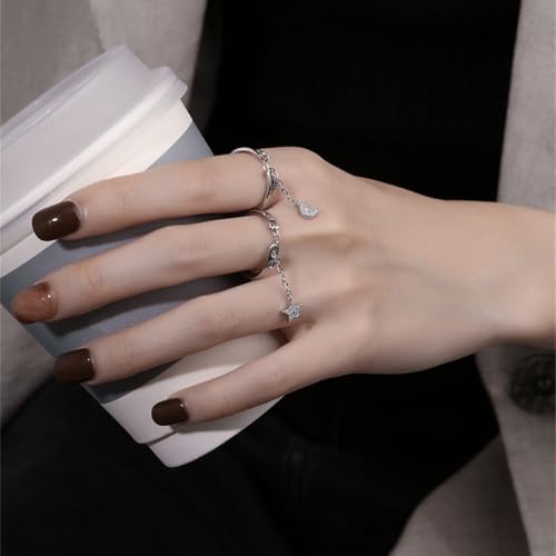CZ Star Moon Chain Promise Statement Ring for Women Silver Gold Plated Dainty Crystal Starless Crescent Tassel Dangle Drop Open Wrap Finger Rings Adjustable Comfort Fit Fashion Wedding Jewelry3