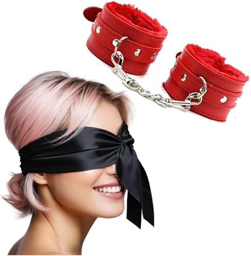 Ensemble d'Accessoires en Satin Rouge, Masque pour les Yeux, Menottes Réglables