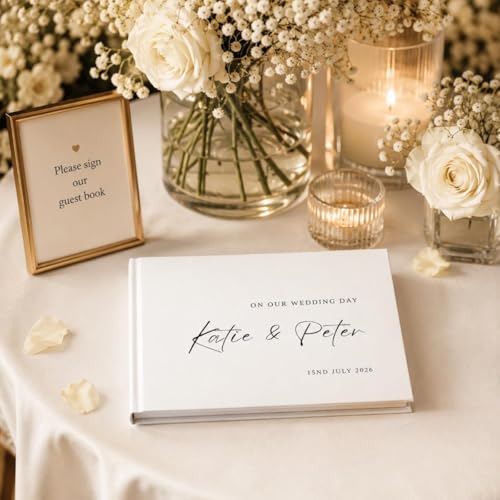 Libro de invitados de boda personalizado blanco recuerdos de firmas de compromiso grabados 6