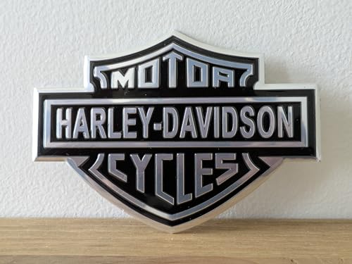 Logo Plaque Aluminium 3D Relief Noir/Chrome Compatible avec Harley Davidson Bar & Shield Sticker Autocollant Adhésif Emblème Badge