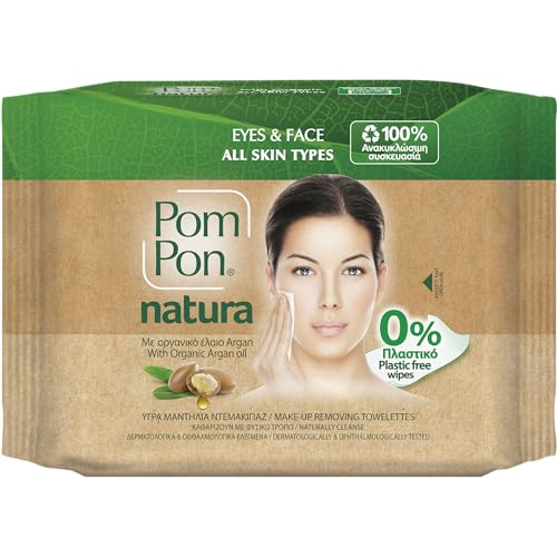 Pom Pon NATURA Toallitas Desmaquillantes para Rostro y Ojos, con Aceite de Argán Orgánico, 100% Fibras Naturales, 20 unidades