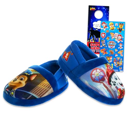 Paw Patrol Slippers for Boys Set - Bundle with Blue Plush Snuggle Toe Footlet Socks with Grips 18-24 Months Plus Stickers More | Paw Patrol Slippers for Boys Size 5/6