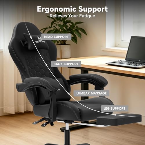 Image of Gaming Chair, Computer Office Chair with Footrest, Adjustable Height & Backrest Gaming Chairs with Swivel for Adults, High Back PU Leather Ergonomic Chair with Lumbar Support, Black