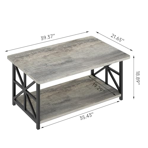 Image of AWQM Gray Coffee Table for Living Room with Round Corners, 2 Tier Living Room Table with Storage Shelf,Rectangular Coffee Table Center Table for Small Spaces,Easy Assembly