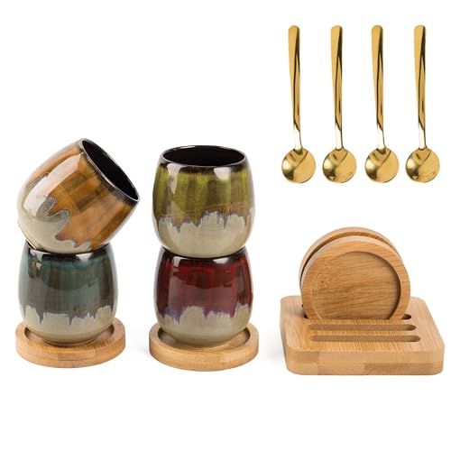 Hywisnok Hand-painted Ceramic Espresso Cup with Bamboo Tray holder and Spoons Set of 4, 2.7 Oz 80ml Kung Fu Tea Set,Demitasse cup,Tazas de Cafe, Yerba Mate Cup,Korean soju(4 Colors Mix)