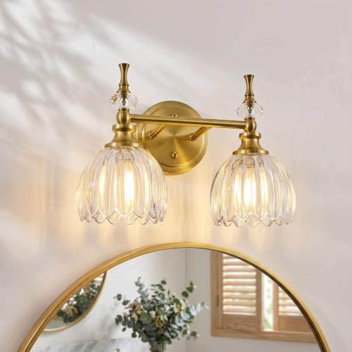 Image of ANDY STAR 2-Light Brushed Gold Bathroom Vanity Light, Transitional Sconce | Ribbed Glass & Crystal Accent, Damp-Resistant, Ceramic E12 Base, Reversible Up /Down Mounting
