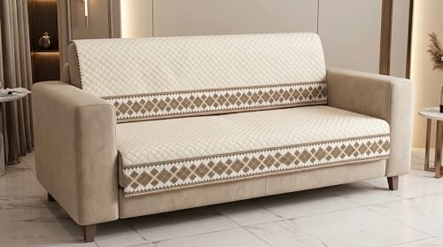 Image of KINGLY Sofa Cover 3 Seater Fully Covered | Stretchable Anti-Slip Slipcover | Washable Furniture Protector | Cream Beige | Seat & Back | Set of 2Pc