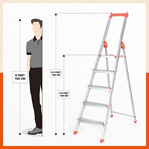 Image of Bathla Elevate 5-Step Foldable Aluminium Ladder for Home with Tool Tray | Anti-Skid | Durable, Heavy Duty, Safe & Stylish | 5-Year Warranty | Orange