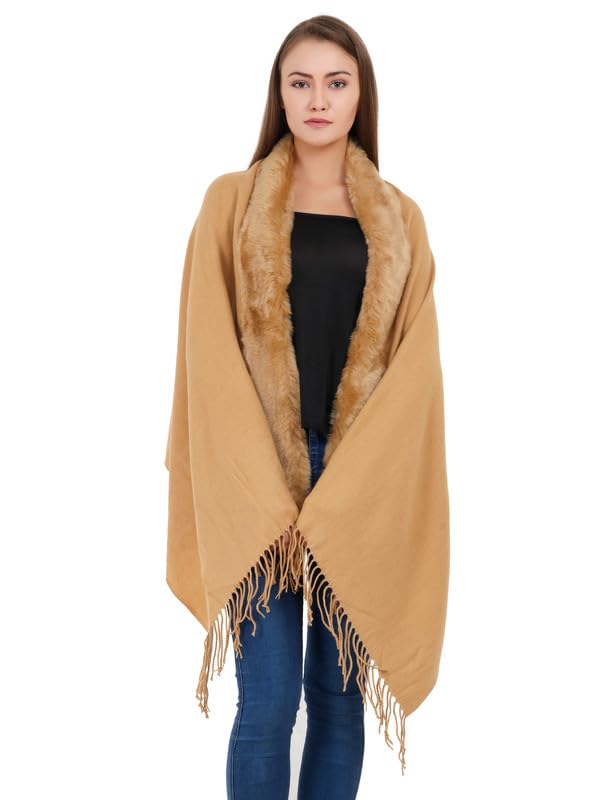 Image of Manra Women's Solid Faux Fur Border Stole Shawl Warm Wrap Cape for Winters (SC 14)