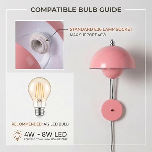 Image of COSYLUX Mid-Century Modern Bud Plug in Wall Sconces for Bedroom, Light Pink | Indirect lighting reading wall lamp, all-metal construction, plug-in or hardwired install, fits bedroom bedside, living room