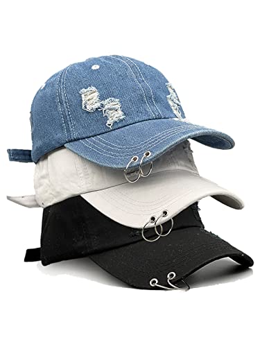 Image of Unisex Ripped Distressed Denim Ring Baseball Cap Hip Hop Vintage Dad Hat Adjustable