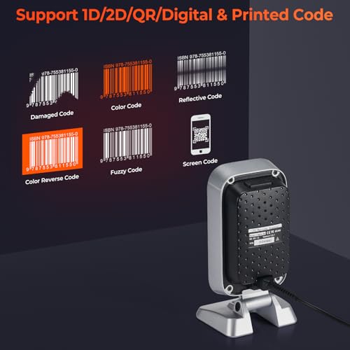 Image of MUNBYN 1D 2D Barcode Scanner IOBC01 Hands-Free Barcode Scanner Omnidirectional PDF417 Data Matrix QR USB Wired Reader, Auto /Manual Destktop Scanner Support Paper /Screen Barcode, Plug & Play