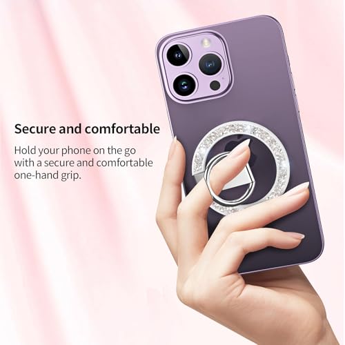 Phone Ring Grip, Magnetic Phone Ring Stand,Ultra Thin Phone Kickstand with Finger Loop, Phone Ring Holder for Mag Safe iPhone 16/15/14/13/12 Series (Glitter Silver Diamond)