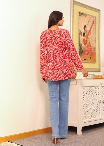 Image of LABEL ADRIJA Cotton V Neck Anarkali Short Kurti for Women Full Sleeve Floral Print | Short Kurtis for Women on Jeans