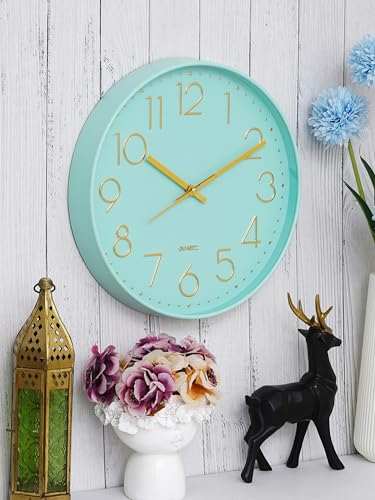 CHRONIKLE 12 Inch Modern Plastic Stylish Non Ticking Silent Analog Round Wall Clock for Home, Living Room, Bedroom, Office, and Kitchen (Mint Green) (29.5 X 4 X 29.5 CM)