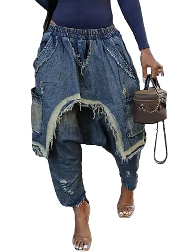 Tbahhir Women's Harem Jeans Elastic High Waist Baggy Patchwork Denim Pants Frayed Hem Barrel Trousers with Pockets