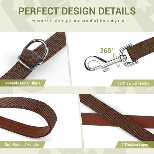 Hundeleine für Kleine & Mittelgroße Hunde bis 30 kg, 3 m Verstellbare Schleppleine Doppelleine, Verdickte Freihandleine Übungsleine Führleine aus Nylon mit 2 Karabiner,Braun