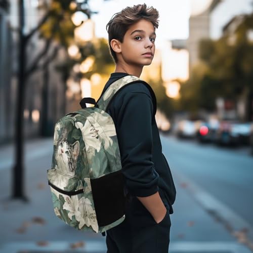 Cat in Lilies Print Kids Backpack with Animal Design School Bookbag for Students Boys Girls3