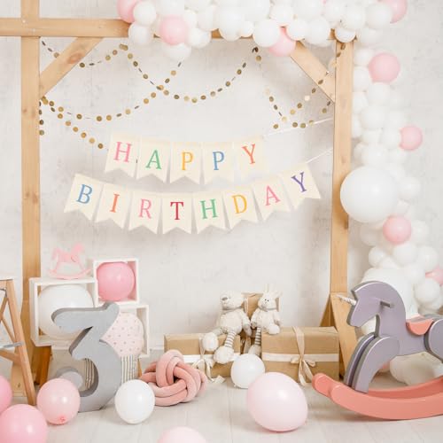 Image of Doumeny Happy Birthday Burlap Banner Boho Birthday Bunting Garland Pastel Bohemian Sign Party Banner White Hanging Garland Rainbow Birthday Bunting Falg for Home Mantel Fireplace Nursery Backdrop
