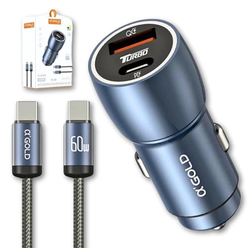 Carregador Super Turbo Veicular 60W Duas Portas, Carregamento Ultra Rápido USB 3.0, 9,1A, Entrada USB e Tipo C, Acompanha Cabo Tipo C, Produto Super Premium Para Veículos