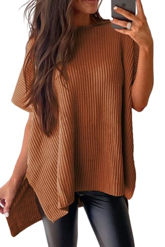 SHEWIN Oversized Sweaters for Women Lightweight Crew Neck Short Sleeve Sweater Loose Business Casual Tops Pullover Womens Tunic Tops Fall Spring Outfits for Women 2026 Brown X-Large