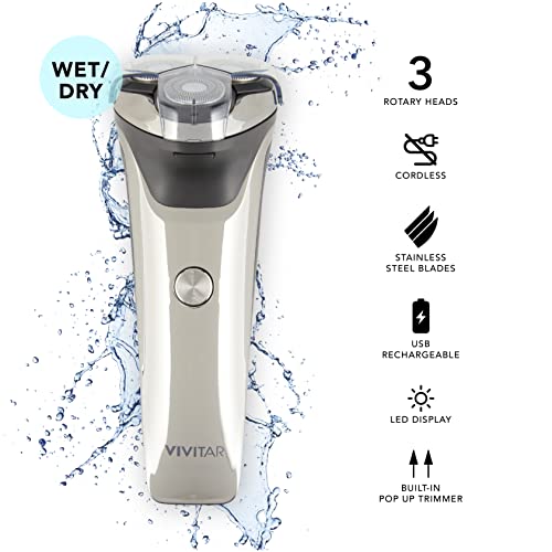 Image of VIVITAR Metallic Cordless 3 Head Rotary Shaver, Cordless Electric Rotary Shaver for Men with Three Independently-Floating Heads, Pop-up Trimmer, and Stainless Steel Blades for Wet and Dry Uses