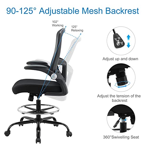 Mesh Ergonomic Drafting Chair,Tall Adjustable Office Chair,Standing Desk Chair,Counter Height Office Chairs,Drawing Chair With Adjustable Foot Ring And Pu Arms (Black) #TOP4