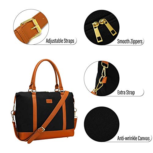 LXY Overnight Bag Women Black Travel Weekend Bag Canvas Carry-on Tote Duffel in Trolley Handle