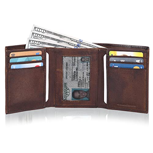 Image of Tri fold Leather Wallet for Men with RFID | Slim Wallets for Men with 1 ID and 6 Credit card slots | Front Pocket Minimalist