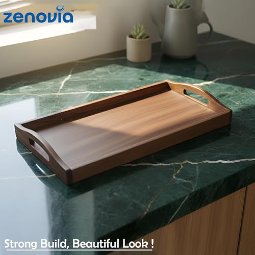 Image of ZENOVIA Handmade Teak Wood Serving Tray with Handles | Tea & Coffee Tray | Ottoman & Coffee Table Tray | Decorative Kitchen & Dining Platter | S Size (26 x 15 x 4.5 cm) | 26 x 15 x 4.5 cm, Tea & Coffee Tray, Ottoman & Coffee Table Tray, Decorative Kitchen & Dining Platter
