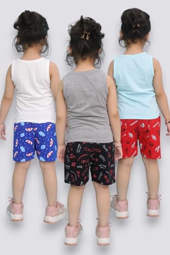 Image of Chandrika Kids Cotton Coordinated Set Pack of 3 half Sleeve And sleeveless T-Shirts & Shorts and skirt Baby Girls Summer Dress Combo